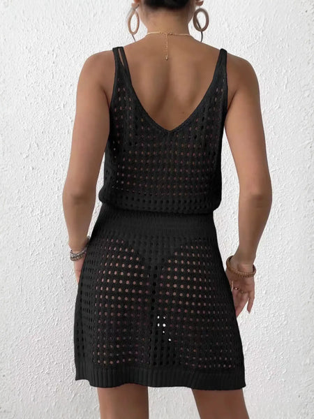 Back view of Babe Beachwear black mesh swimsuit coverup mini dress with sleeveless design