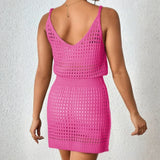 Back view of pink mesh swimsuit coverup mini dress by Babe Beachwear with sleeveless design