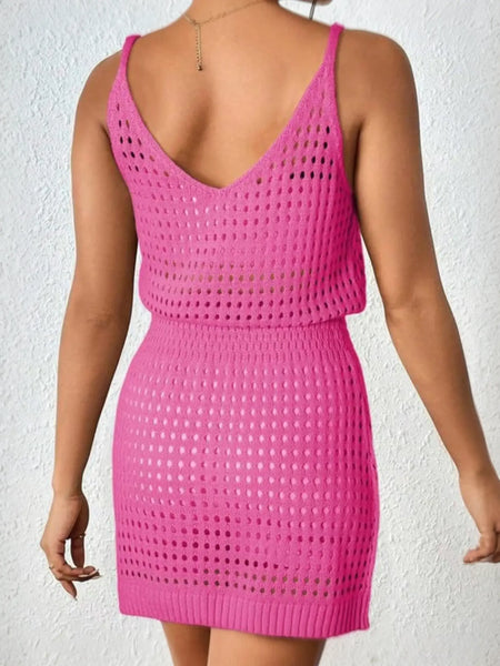 Back view of pink mesh swimsuit coverup mini dress by Babe Beachwear with sleeveless design