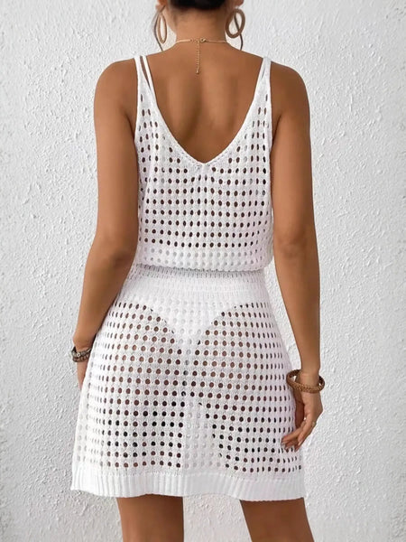Babe Beachwear white mesh swimsuit coverup mini dress with sleeveless design and scoop back
