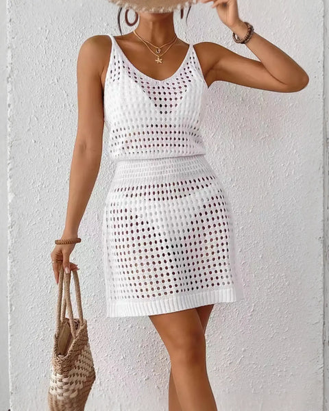 Babe Beachwear white mesh swimsuit coverup mini dress with sleeveless design and V-neck