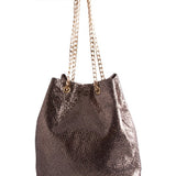 Babe Beachwear metallic animal print tote bag with gold chain straps and shiny textured finish