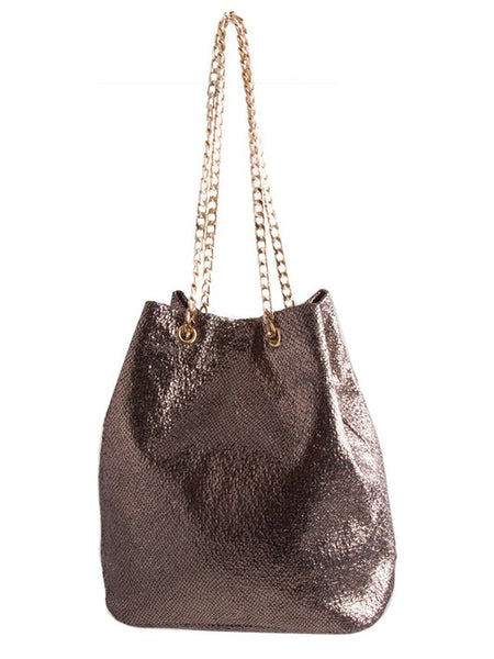 Babe Beachwear metallic animal print tote bag with gold chain straps and shiny textured finish