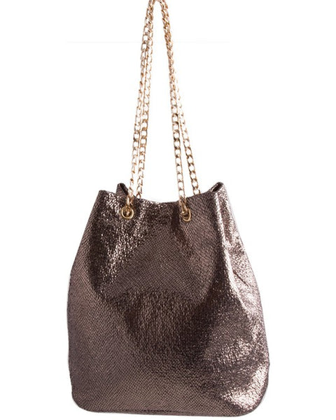 Babe Beachwear metallic animal print tote bag with gold chain straps and shiny textured finish