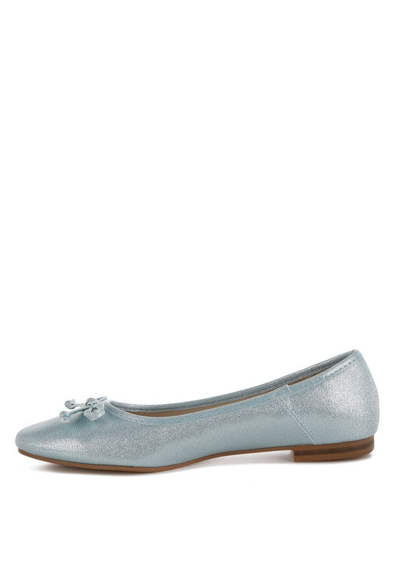 Rag Company metallic ballet flats for women in shiny light blue with a small bow detail