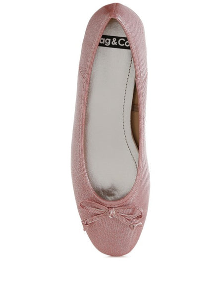 Rag Company metallic ballet flats for women in pink with bow detail and rounded toe
