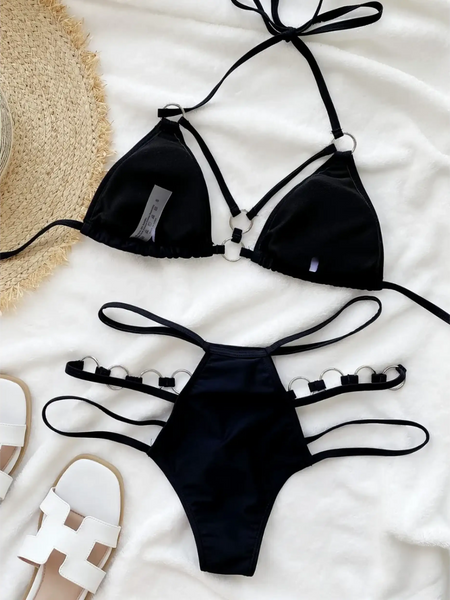 Beach Babes black two-piece swimsuit featuring strappy details Miami style swimwear for women