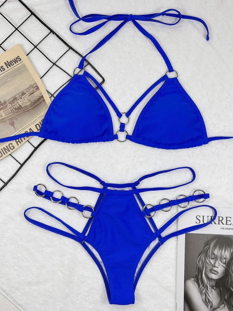 Beach Babes blue bikini set featuring strappy design and ring accents Miami style swimwear for women
