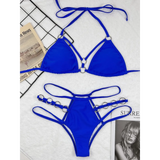 Beach Babes blue bikini set featuring strappy design and ring accents Miami style swimwear for women