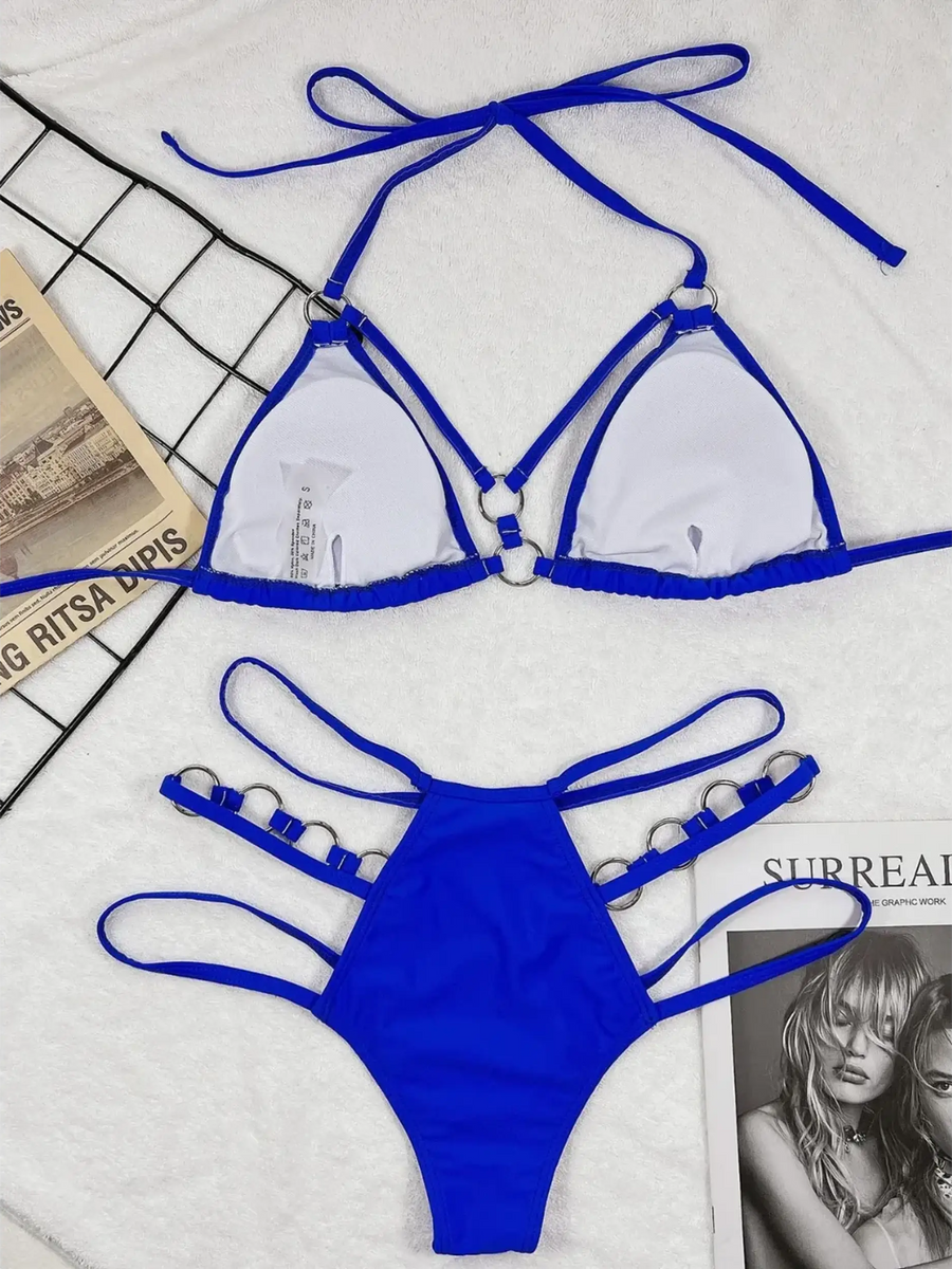 Beach Babes blue two-piece swimsuit featuring Miami style swimwear for women with strappy bottom and triangle top