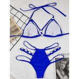Beach Babes blue two-piece swimsuit featuring Miami style swimwear for women with strappy bottom and triangle top