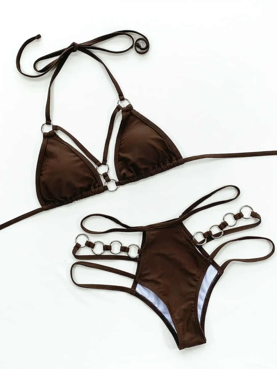 Beach Babes brown bikini set featuring ring details Miami style swimwear for women