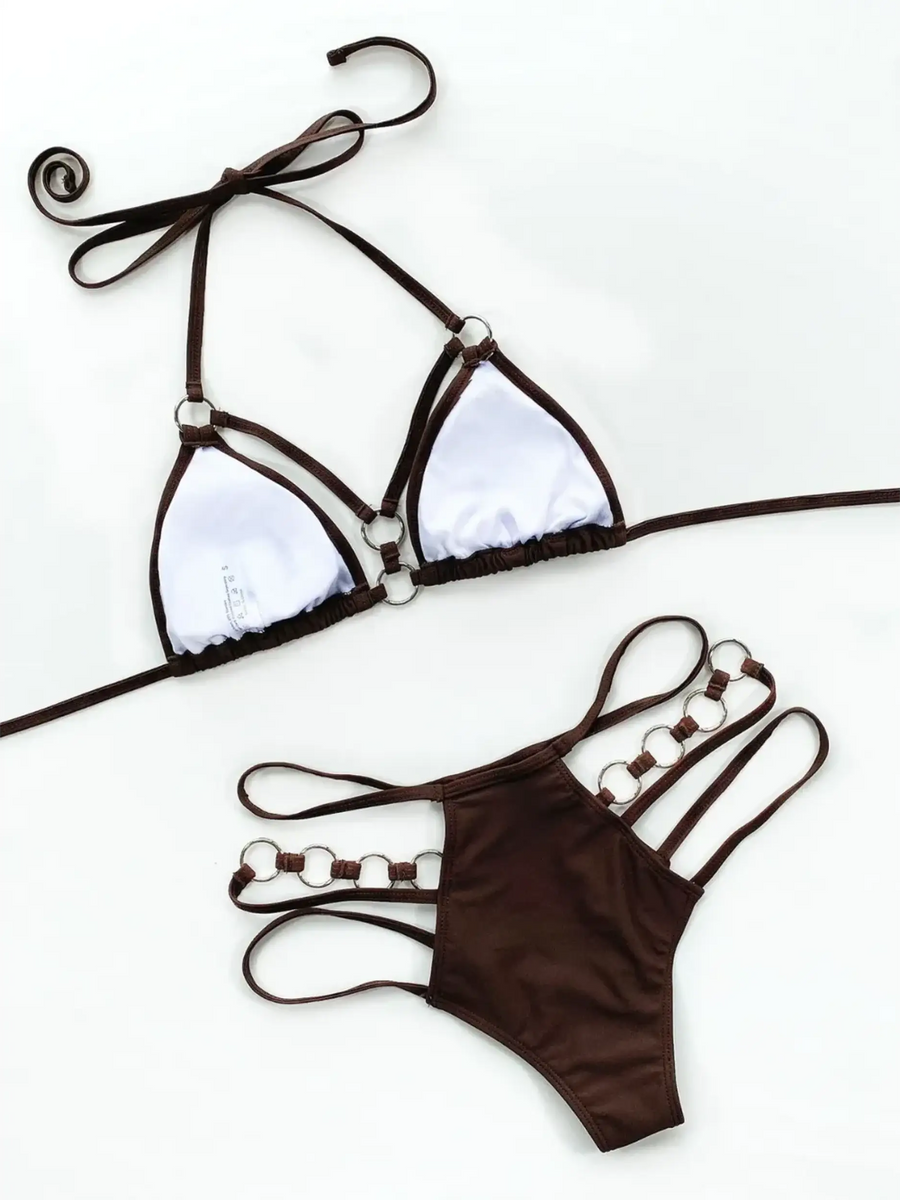 Beach Babes brown and white swimsuit featuring ring details Miami style swimwear for women