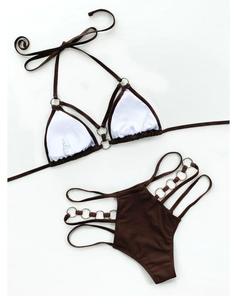Beach Babes brown and white swimsuit featuring ring details Miami style swimwear for women