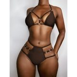 Beach Babes brown two-piece swimsuit featuring ring details Miami style swimwear for women