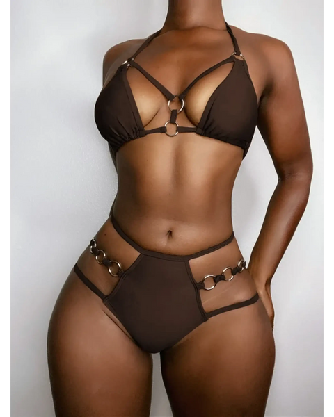 Beach Babes brown two-piece swimsuit featuring ring details Miami style swimwear for women