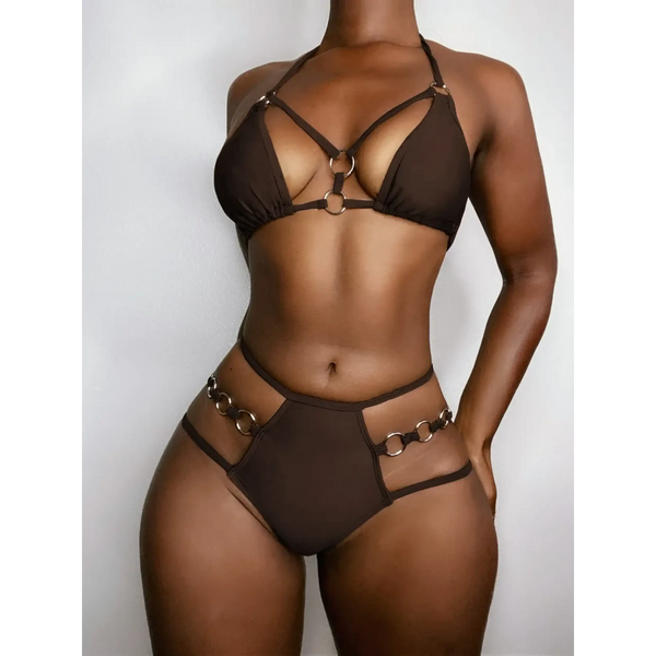 Beach Babes brown two-piece swimsuit featuring ring details Miami style swimwear for women