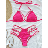 Bright pink Miami style swimwear for women by Beach Babes with strappy top and bottom on white background
