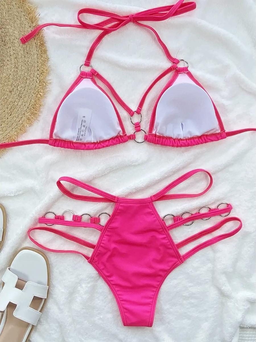 Beach Babes hot pink Miami style swimwear for women with strappy halter bikini top and multi-strap bottoms