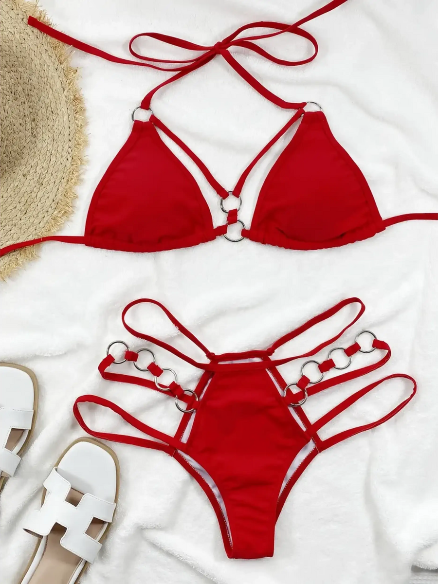 Red Beach Babes swimsuit featuring Miami style swimwear for women with strappy top and bottom