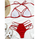 Beach Babes red two-piece swimsuit featuring rings and strappy design Miami style swimwear for women