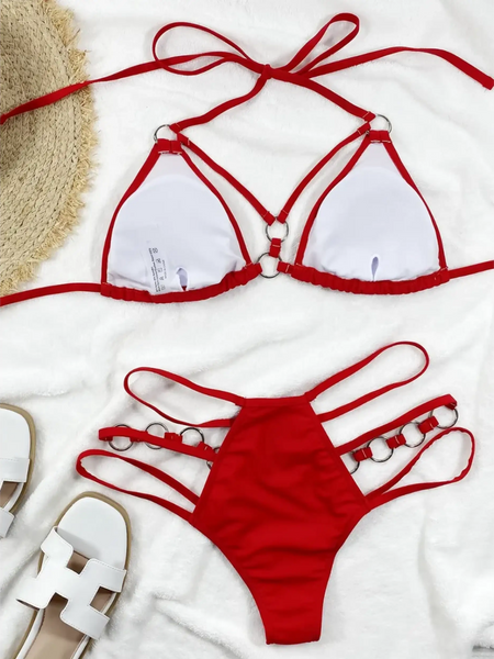 Beach Babes red two-piece swimsuit featuring rings and strappy design Miami style swimwear for women