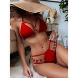 Beach Babes red two-piece swimsuit with chain details Miami style swimwear for women