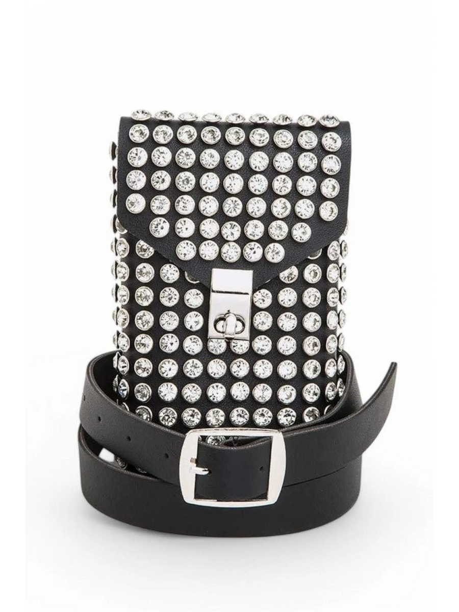 Babe Beachwear black mini bag for phone wallet with silver studs and adjustable belt strap