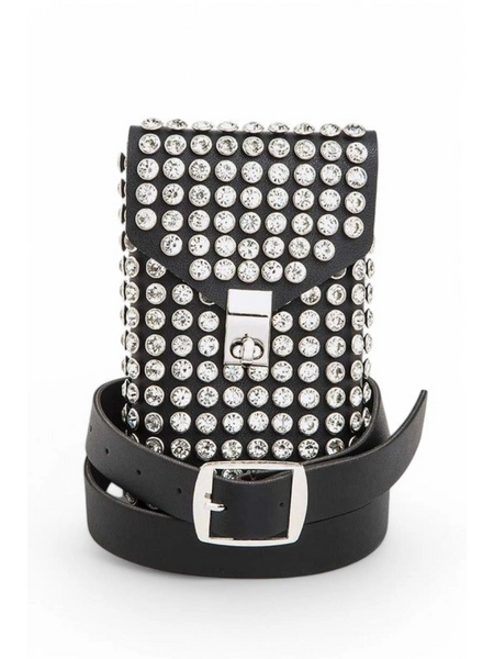 Babe Beachwear black mini bag for phone wallet with silver studs and adjustable belt strap