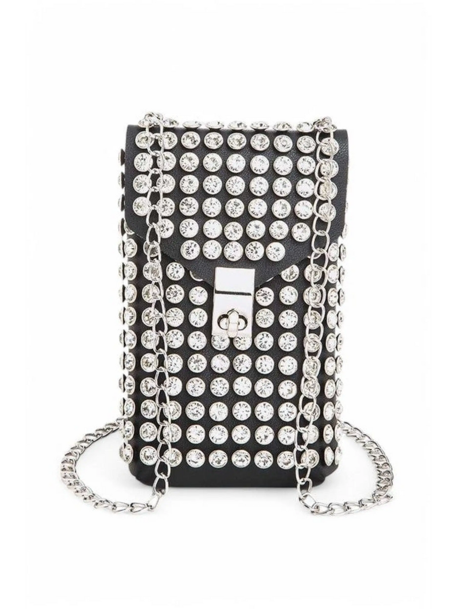 Babe Beachwaer studded black mini bag for phone wallet with silver chain strap and clasp closure