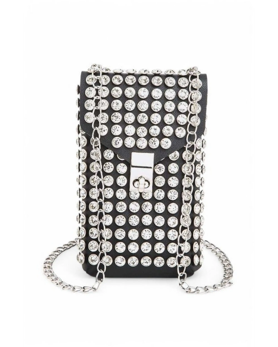 Babe Beachwaer studded black mini bag for phone wallet with silver chain strap and clasp closure