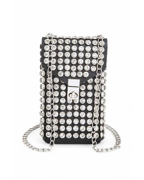 Babe Beachwaer studded black mini bag for phone wallet with silver chain strap and clasp closure