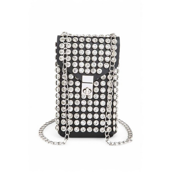 Babe Beachwaer studded black mini bag for phone wallet with silver chain strap and clasp closure