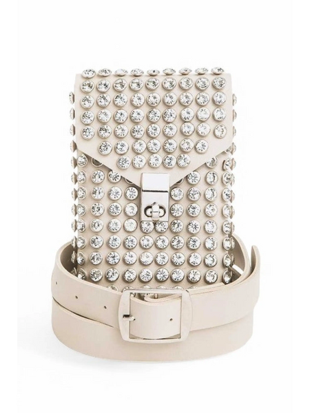 Beige mini bag for phone wallet by Babe Beachwear with silver stud embellishments and buckle closure