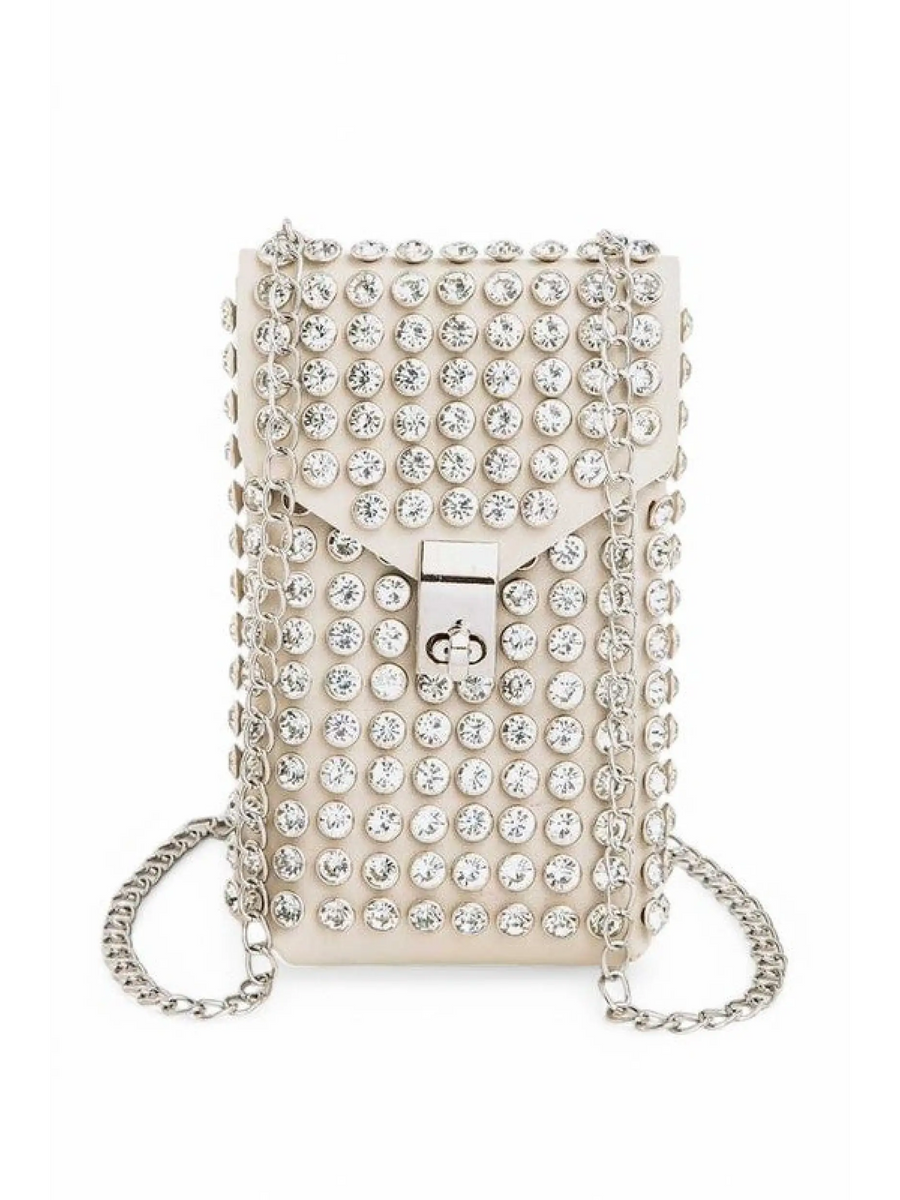 Babe Beachwaer mini bag for phone wallet in cream with silver studs and chain strap