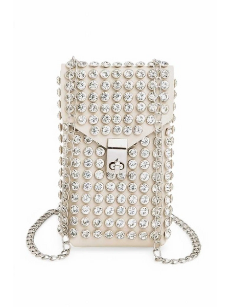 Babe Beachwaer mini bag for phone wallet in cream with silver studs and chain strap