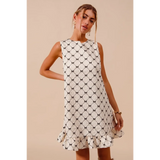 Trendsi sleeveless Mini Ruffle Dress with black geometric pattern and ruffle hem
