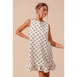Mini Ruffle Dress sleeveless midi Mini Ruffle Dress with black and white geometric pattern and ruffled hem