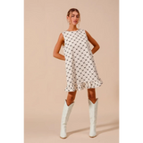 Trendsi Mini Ruffle Dress sleeveless patterned midi dress worn with white knee-high boots