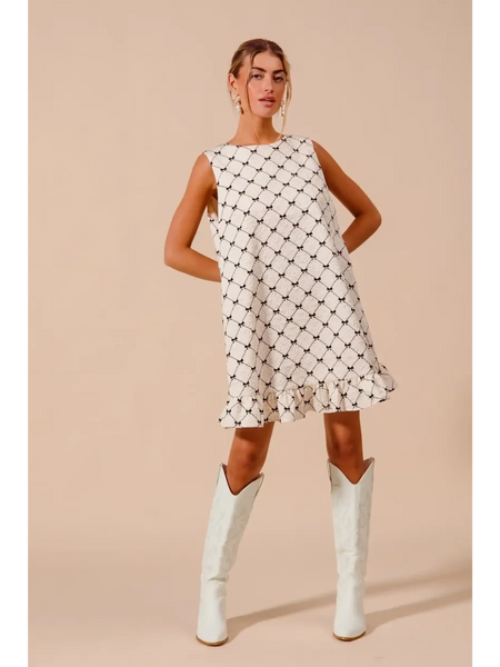 Trendsi Mini Ruffle Dress sleeveless patterned midi dress worn with white knee-high boots