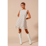 Trendsi Mini Ruffle Dress sleeveless midi dress with black pattern and white cowboy boots