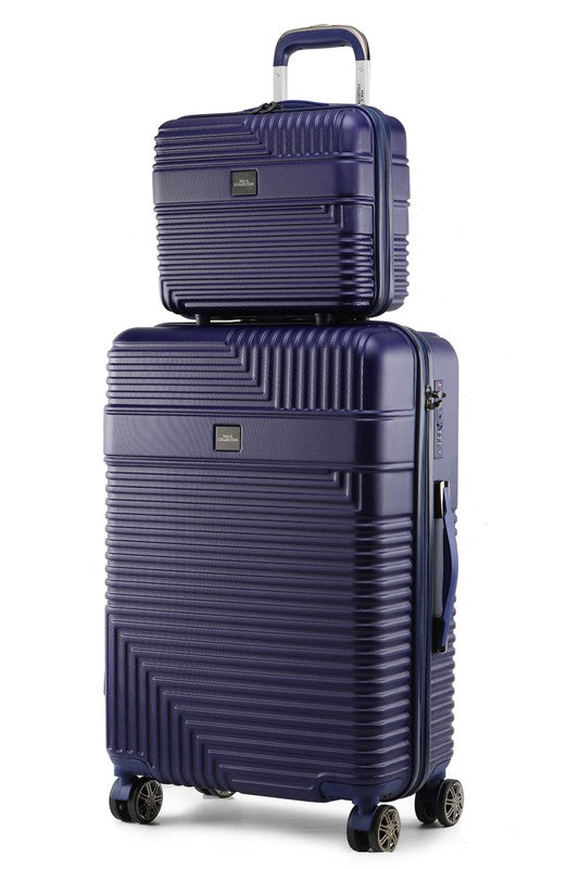 MKF Hard Case Luggage 2 Piece Set in navy blue with a large suitcase and matching smaller travel case