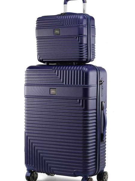 MKF Hard Case Luggage 2 Piece Set in navy blue with a large suitcase and matching smaller travel case