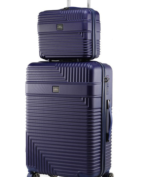 MKF Hard Case Luggage 2 Piece Set in navy blue with a large suitcase and matching smaller travel case