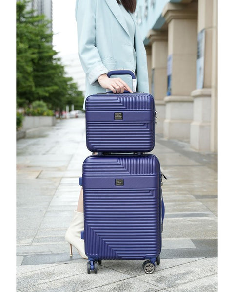 MKF Hard Case Luggage 2 Piece Set in navy blue with textured stripes and spinner wheels