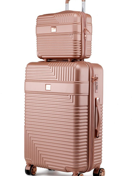 MKF Hard Case Luggage 2 Piece Set in rose gold with textured exterior and spinner wheels
