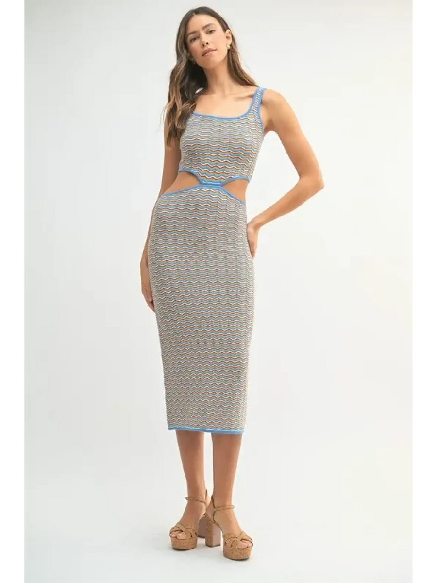  chevron knit bodycon midi dress with cutout detail and blue trim worn by model