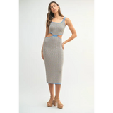  chevron knit bodycon midi dress with cutout detail and blue trim worn by model
