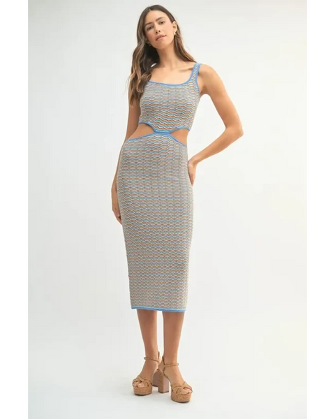  chevron knit bodycon midi dress with cutout detail and blue trim worn by model