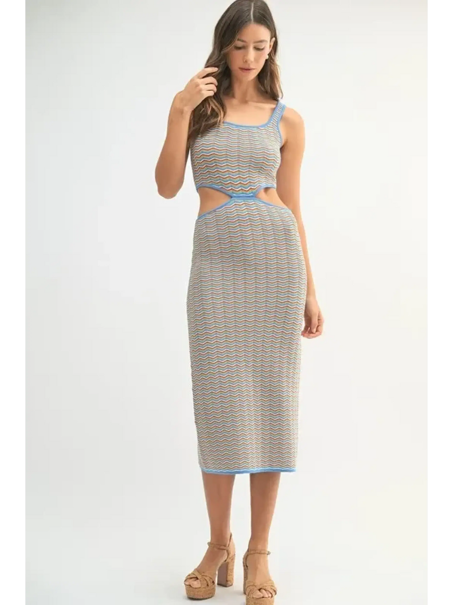 chevron knit bodycon midi dress with side cutouts worn by model with tan platform heels